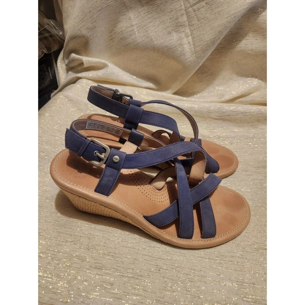 UGG Gaiana Wedge Strappy Sandals Blue Leather Size 9